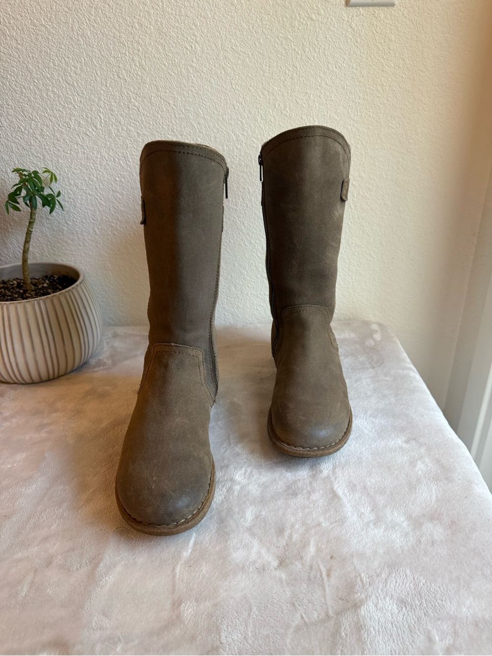 Born Olive-Taupe Suede Mid-Calf Heeled Boots - Picture 8 of 16